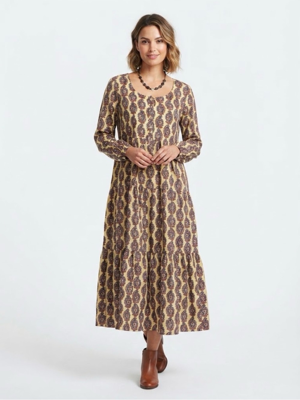 NWT Kate Quinn Raisin Hollyhock Organic Cotton Paisley Tiered Midi Dress Sz L